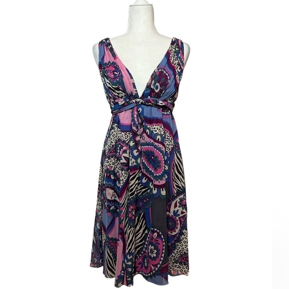 Tibi 100% Silk Geometric Floral V Neck Empire Sleeveless Dress Size 4 - Picture 1 of 12
